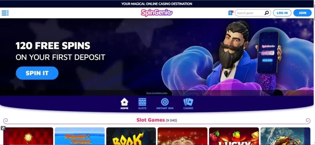 Homepage of SpinGenie online casino featuring a 120 free spins deposit bonus offer.