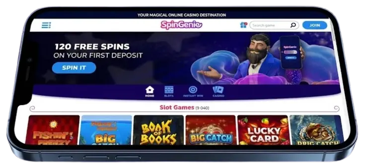 A smartphone displaying the SpinGenie online casino mobile homepage with slot games.