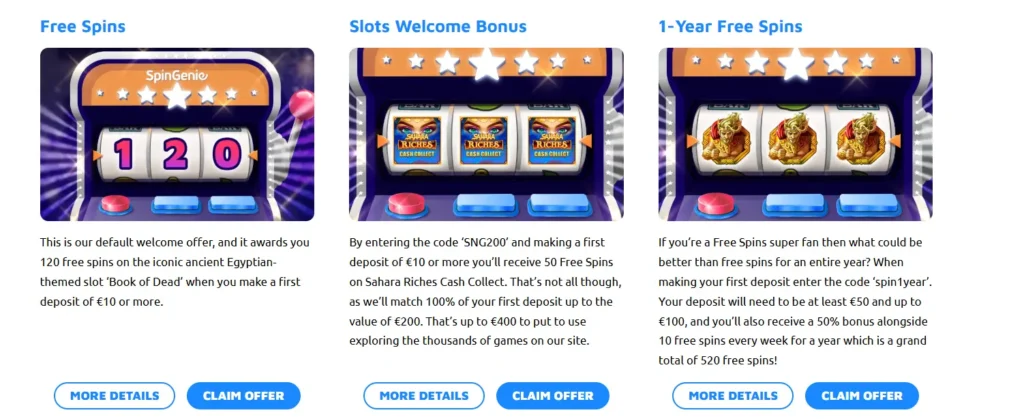 Three promotional offers for SpinGenie casino, including Free Spins and Welcome Bonuses.