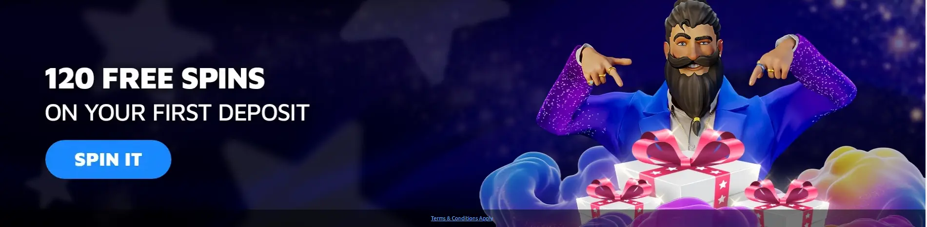 SpinGenie casino promotional banner showing a 120 free spins first deposit bonus offer.