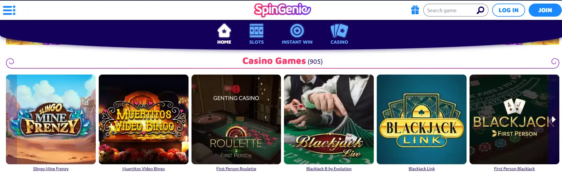 Casino games library section on SpinGenie featuring roulette, blackjack, and bingo titles.