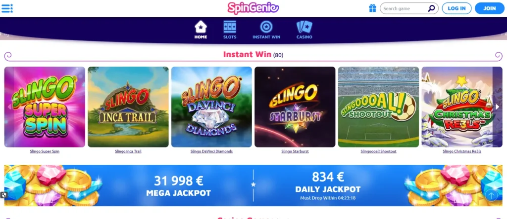 Instant win Slingo games library selection and jackpot counters displayed on SpinGenie casino.