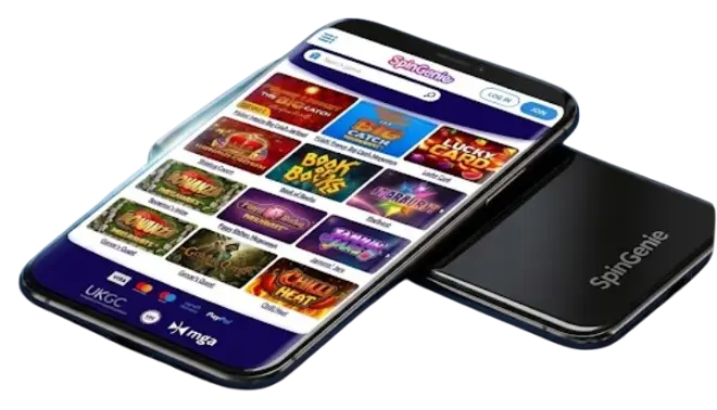 A smartphone displaying the SpinGenie casino app alongside a power bank and poker chips.
