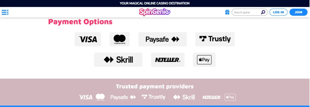 Payment options section on SpinGenie casino with trusted provider logos like Visa and Skrill.