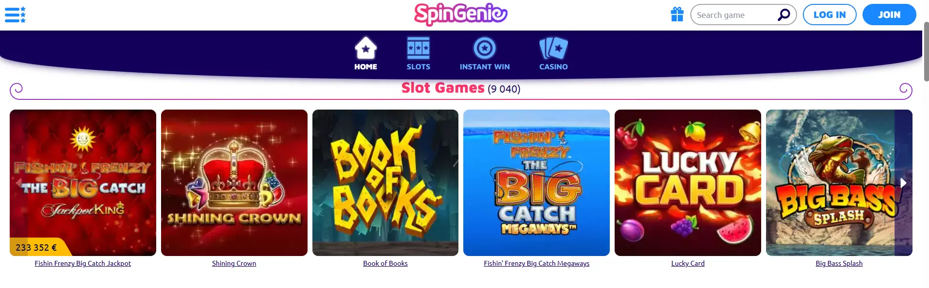 Selection of online slot games on the SpinGenie casino platform library display.