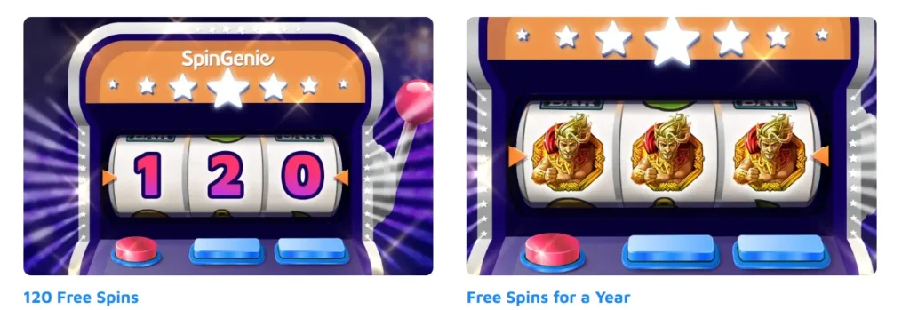 Promotional banners showcasing two unique SpinGenie slot machine offers side-by-side.